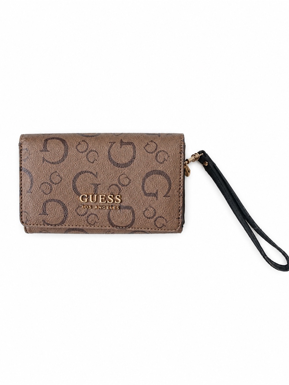 GUESS Brown Monogram Wristlet Wallet with Strap